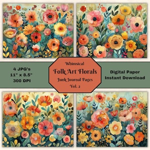 Whimsical Folk Art Floral Junk Journal Page V2 Landscape 11x8.5 Digital Scrapbook Collage Sheet Printable Paper JPG Digital Instant Download