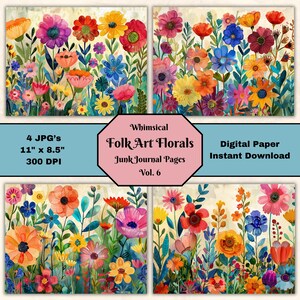 Whimsical Folk Art Floral Junk Journal Page V6 Landscape 11x8.5 Digital Scrapbook Collage Sheet Printable Paper JPG Digital Instant Download