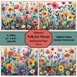 Whimsical Folk Art Floral Junk Journal Page V5 Landscape 11x8.5 Digital Scrapbook Collage Sheet Printable Paper JPG Digital Instant Download