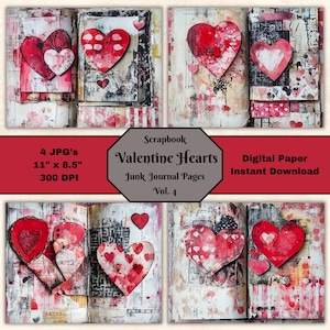 Valentine Hearts Junk Journal Pages: Mixed Media Collage (Digital Download)