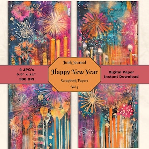 Papier de scrapbooking coloré Happy New Year Vol 5 - célébration techniques mixtes de découpage artisanat JPG Junk Journal 8,5 x 11 téléchargement numérique imprimable