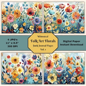 Whimsical Folk Art Floral Junk Journal Page V1 Landscape 11x8.5 Digital Scrapbook Collage Sheet Printable Paper JPG Digital Instant Download