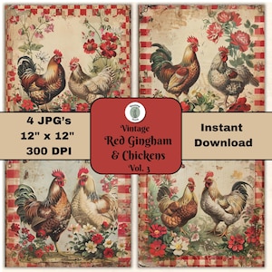 Vintage Red Vichy Chickens Junk Journal Paper Vol 3 | Collage ancien | Poulet JPG | Page de scrapbooking | Papier imprimable en téléchargement numérique