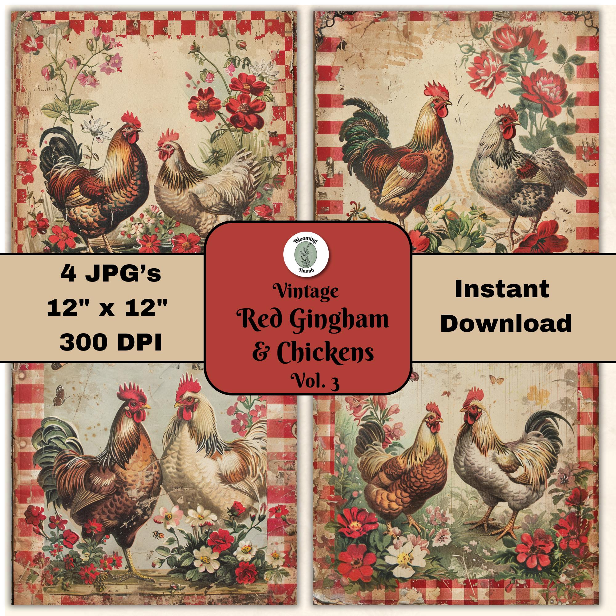 Vintage Red Gingham Chickens Junk Journal Paper Vol 3 | Antique Collage | Chicken JPG | Scrapbooking Page | Printable Paper Digital Download