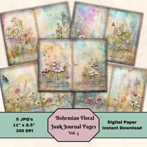 Shabby Chic Bohemian Floral Junk Journaling Pages V3 Digital 11x8.5 Art Media Paper Sheet Scrapbooking Printable Paper JPG Digital Download