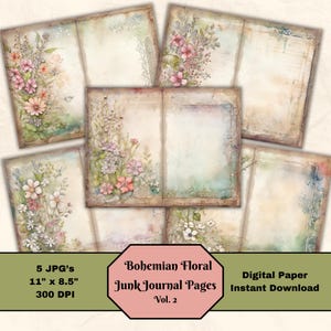 Shabby Chic Bohemian Floral Junk Journaling Pages V2 Digital 11x8.5 Art Media Paper Sheet Scrapbooking Printable Paper JPG Digital Download