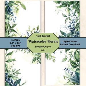 Watercolor Florals Scrapbook Paper V3 Flowers Greenery Mixed Media Decoupage Craft JPG Junk Journal Page 8.5x11 Printable Digital Download
