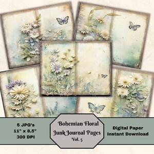 Shabby Chic Bohemian Floral Junk Journaling Pages V5 Digital 11x8.5 Art Media Paper Sheet Scrapbooking Printable Paper JPG Digital Download
