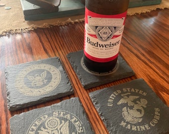 Military Engraved Slate Coasters; Custom made Drink Coasters, US Armed Forces Drink oasters