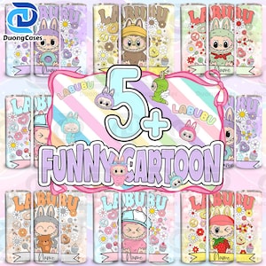 Pacchetto di 6 divertenti design di personaggi dei cartoni animati, bicchiere sottile da 20 once rosa con personaggio dei cartoni animati di tendenza in formato PNG, nome personalizzato per bambini, bicchiere da 20 once con personaggio dei cartoni animati