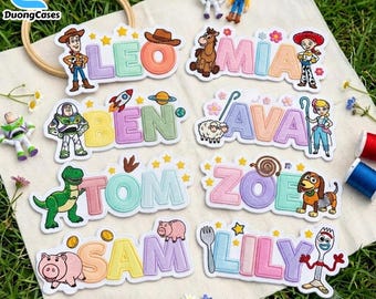May include: Eight custom embroidered name patches featuring colourful block letters and various cartoon characters including a cowboy, space ranger, cowgirl, dinosaur, pig, and spork. Each patch displays a unique name: Leo, Mia, Ben, Ava, Tom, Zoe, Sam, and Lily.