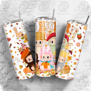 Cartoon Dolls Fall Vibes Character Wrap Design Png, Autumn Cartoon Character 20oz Skinny Tumbler PNG, Doll Cartoon 20oz Skinny Tumbler Wrap image 3