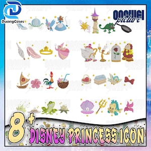 Könnte beinhalten: Gestickte Disney-Prinzessinnen-Symbole, darunter ein Glasschuh, eine Kutsche und Aschenputtel. Weitere Symbole sind ein Turm, eine Teekanne, eine Rose und eine Muschel. Der Text lautet "8+ Disney Princess Icon".