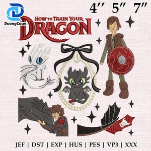 May include: Embroidered design featuring characters and the title from "How to Train Your Dragon." Includes a dragon, a character with a shield, and the text "How to Train Your Dragon." The design measures 10, 13, and 18 cm.