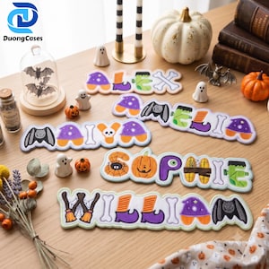 Toppa ricamata con nome per Halloween, toppa termoadesiva personalizzata, toppa spettrale personalizzata con nome, toppa per zaino "Dolcetto o scherzetto", regalo di Halloween