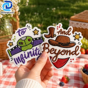 May include: Two embroidered patches with white backgrounds. The left patch features a purple and green space-themed chest plate with the text "to infinity". The right patch shows a brown cowboy hat, a boot, and a red bandana with "And Beyond".
