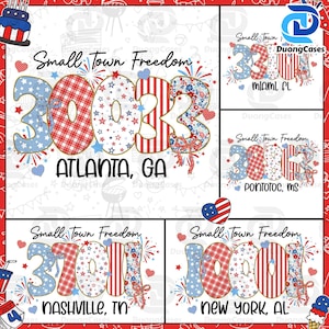 May include: A patriotic design with the text "Small Town Freedom" and the numbers "30323" in red, white, and blue patterns, with "ATLANTA, GA" below. Other designs include different numbers and city names.