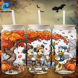 Cartoon Mouse Friends 16oz Glass Can Wrap Png, Fall Vibes Png, Halloween Pumpkins Libbey Glass Can Png, Halloween Cartoon Glass Can Wrap Png