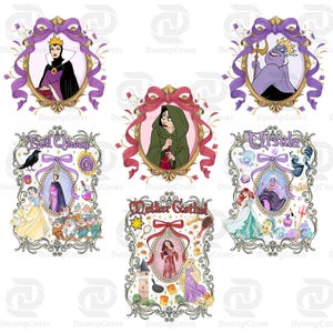 Puede incluir: Una colecci&oacute;n de ilustraciones enmarcadas con villanos y personajes de Disney. Cada marco tiene un dise&ntilde;o &uacute;nico con el nombre del personaje e im&aacute;genes relacionadas. La Reina Malvada, &Uacute;rsula, Madre Gothel y otros est&aacute;n representados.