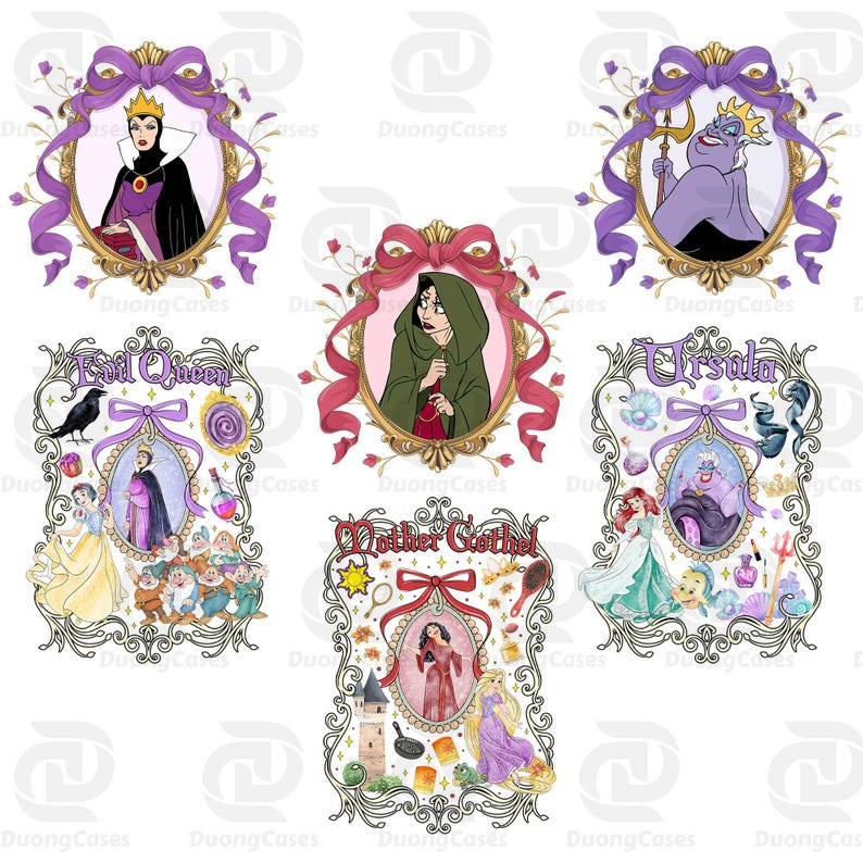 Puede incluir: Una colecci&oacute;n de ilustraciones enmarcadas con villanos y personajes de Disney. Cada marco tiene un dise&ntilde;o &uacute;nico con el nombre del personaje e im&aacute;genes relacionadas. La Reina Malvada, &Uacute;rsula, Madre Gothel y otros est&aacute;n representados.