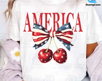 America Cherries PNG, Cherry Bow Png, Trendy July 4th PNG, 4th of july Woman Png, Usa Flag Png, Retro 4th of july png,  Independence Day Png