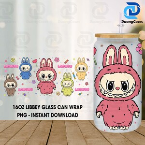 Cartoon  16oz Libbey Can Wrap Design, Gift for Kids, Trending Pink Cartoon Character Coffee Glass Template, Funny Cartoon Glass Can Wrap