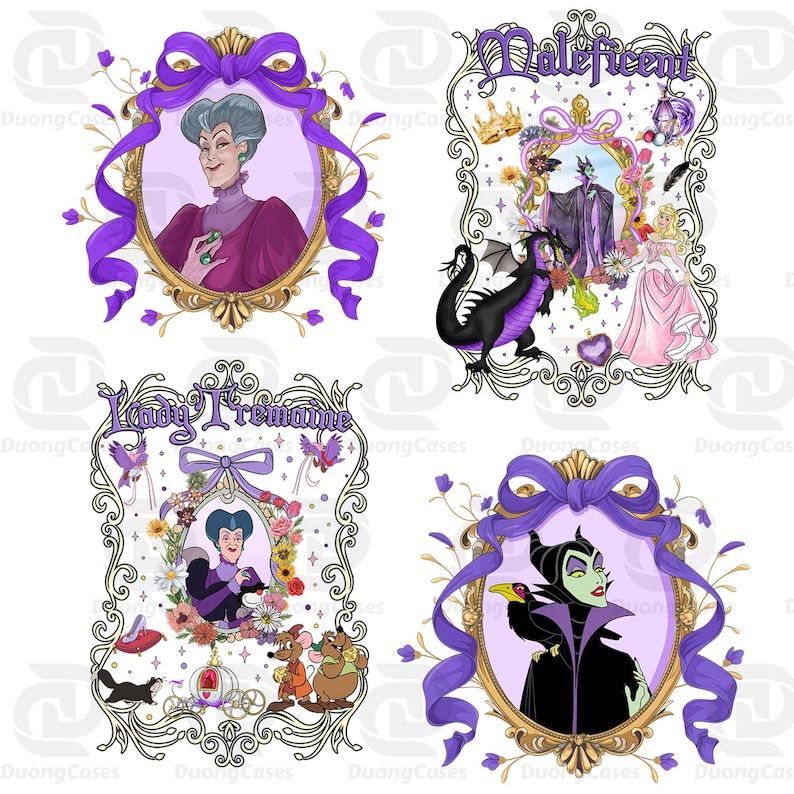 Puede incluir: Cuatro ilustraciones enmarcadas con villanos de Disney. Cada retrato est&aacute; rodeado por un marco dorado, una cinta morada y detalles florales. Los personajes incluyen a Lady Tremaine, Mal&eacute;fica y la Reina Malvada.