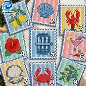 May include: Nine square embroidered patches with scalloped edges, each featuring a unique design: 1. lemons, 2. a blue seashell, 3. a red lobster, 4. a red hibiscus flower, 5. a tin of sardines, 6. a cocktail, 7. an open oyster, 8. a red crab, 9. olives.