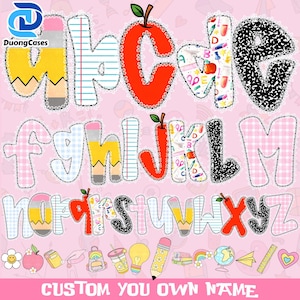 Preppy Retro Back to School Alphabet Png, Preppy Teacher Pencil Bow Png, Kindergarten Png, Teach Love Inspire, Checkered, Leopard Teacher