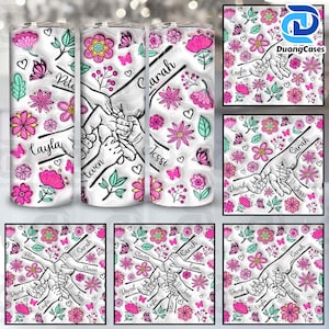 May include: A white tumbler with a pink floral pattern and black handprints. The names Sarah, Steven, Jessie, David, Cayla, and Pete are written on the tumbler.