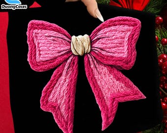 Latch Hook Yarn Faux Embroidery Coquette Pink Bow Design, Pink Bow Yarn Crochet Png, Preppy Christmas Reindeer, Viral Christmas Shirt