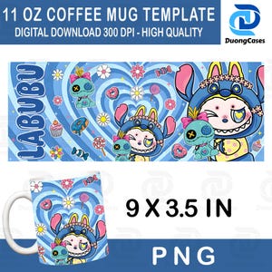 Blue Monster Cartoon 11oz Mug Wrap Sublimation Design, Character Coffee Cup, Cartoon 11oz Mug Template, Digital Download