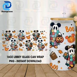 Trending Cartoon Mouse Friends 16oz Glass Can Wrap Png, Fall Vibes Png, Halloween Pumpkins Libbey Glass Can,Halloween Cartoon Glass Can Wrap