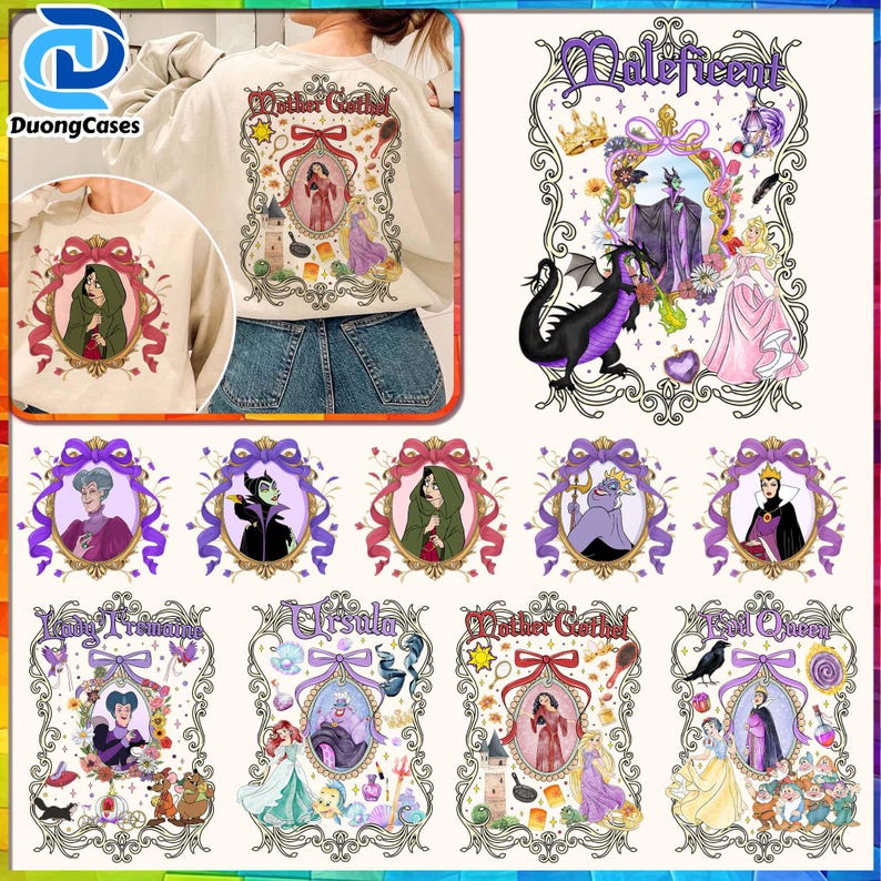 Puede incluir: Sudadera crema con un gran gr&aacute;fico que presenta una ilustraci&oacute;n enmarcada de un personaje con una capucha verde. Gr&aacute;ficos adicionales incluyen otros personajes y el texto "Mother Gothel". Debajo hay ilustraciones de personajes enmarcadas m&aacute;s peque&ntilde;as.