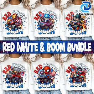 Puede incluir: Sudaderas blancas con dise&ntilde;os de superh&eacute;roes. Cada camiseta presenta un personaje diferente en un monster truck, con las palabras "RED WHITE" y "BOOM". El texto "RED WHITE & BOOM BUNDLE" se muestra en una pancarta.