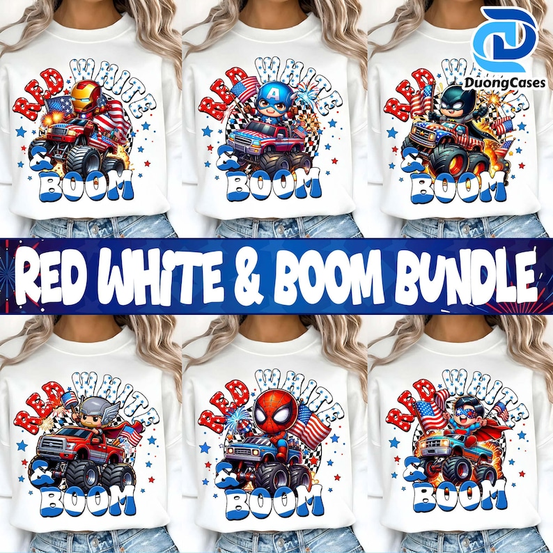 Puede incluir: Sudaderas blancas con dise&ntilde;os de superh&eacute;roes. Cada camiseta presenta un personaje diferente en un monster truck, con las palabras "RED WHITE" y "BOOM". El texto "RED WHITE & BOOM BUNDLE" se muestra en una pancarta.