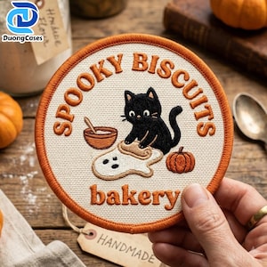 Spooky Biscuits Bakery Patch, Black Cat Halloween Patch, Cute Baking Patch, Spooky Cute Patch, Fall Aesthetic Patch, Embroidered Iron On