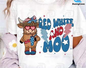4th of July Highland Cow Png, American Highland Cow Coquette Png, Patriotic Cow Png, Memorial Day, Girly USA Flag, Independence Day Png