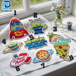Gestickter Alien Spielzeug Aufnäher zum aufbügeln, Spielzeug Freunde Aufnäher für Tasche, Hut, Shirt, Retro Alien Pizza Patch, Park Ausflug Geschenke, Weltraum Geschenk