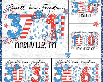 Personalize Small Town Freedom Zip Code PNG, Custom Zip Code Png,  Independence Day Png, Doodle Letters 4th Fourth July Png