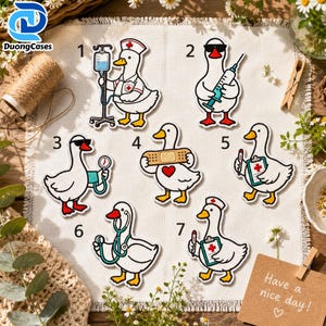 May include: Seven embroidered patches featuring white ducks in various medical roles, numbered one through seven. The ducks are depicted with items including an IV drip, a syringe, a stethoscope, a bandage, and a medical clipboard with a red cross.