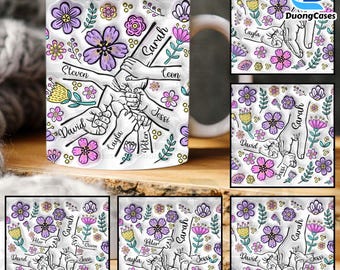 Mamma blommig 30 cl mugg png, mamma anpassad upp till 6 barn som håller mammas hand 3D uppblåst muggomslag, mamma 30 cl muggmall, mors dag-kaffemuggar