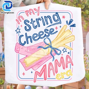 May include: White tote bag with a colorful graphic. The design features the text "in my String Cheese Mama era" with illustrations of string cheese and a pink and blue border. The DuongCases logo is in the upper left corner.