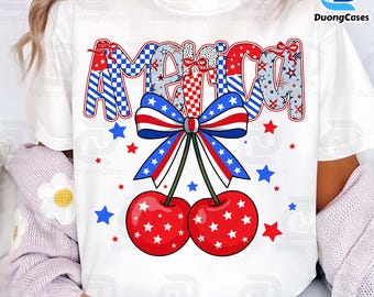 Retro America Cherries Png, Cherry Bow Png, Trendy July 4th Png, Usa Flag Png, Independence Day Png, 4th Of July Woman Png