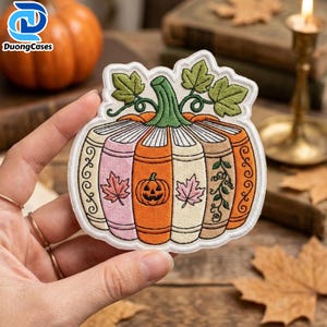 Pumpkin Book Embroidered Patch, Fall Iron On Patch, Book Lover Patch, Autumn Pumpkin, Floral Book Stack, Reader Gift, Fall Applique