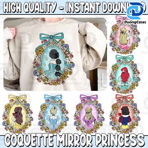 Coquette Mirror Princess Characters PNG Bundle, Princess Coquette Bow Digital Files, Family Trip Png, Funny Cartoon Friends Png, Family Png