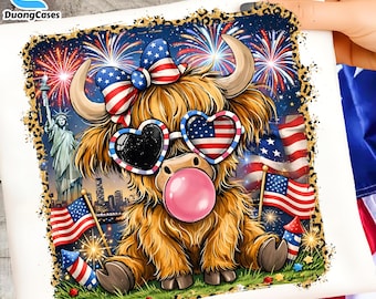 Vaca de las Tierras Altas dibujada a mano para el 4 de julio png, 250 aniversario png, 4 de julio occidental png, bandera estadounidense png, EE. UU. png, 4 de julio para niños