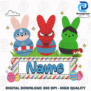 May include: Digital download featuring three superhero-themed Easter bunny designs: Captain America, Spider-Man, and Hulk. Includes a customizable name banner, Easter eggs, and the text "DIGITAL DOWNLOAD 300 DPI - HIGH QUALITY."
