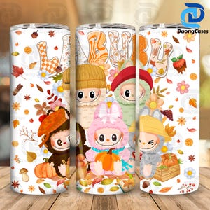 Cartoon Dolls Fall Vibes Character Wrap Design Png, Autumn Cartoon Character 20oz Skinny Tumbler PNG, Doll Cartoon 20oz Skinny Tumbler Wrap image 1