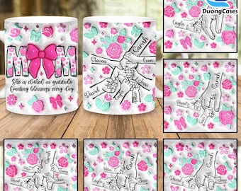 Mamma blommig 30 cl mugg png, mamma anpassad upp till 6 barn som håller mammas hand i 3D-omslag, mamma 30 cl muggmall, mors dag-kaffemuggar